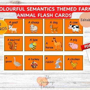 Cartões de memória flash com nomes de animais de fazenda para pré-escola para cartões de memória flash coloridos com tema de semântica para construção de vocabulário para comunicação