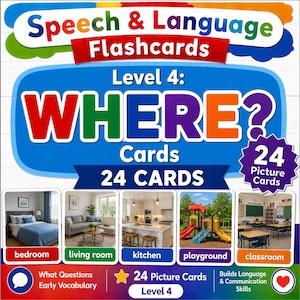 Könnte beinhalten: Ein Satz "Sprach- und Sprachkarten" für den frühen Wortschatz. Die Karten tragen die Aufschrift "Level 4: WO?" und enthalten 24 Bildkarten. Die Bilder zeigen ein Schlafzimmer, ein Wohnzimmer, eine Küche, einen Spielplatz und ein Klassenzimmer.