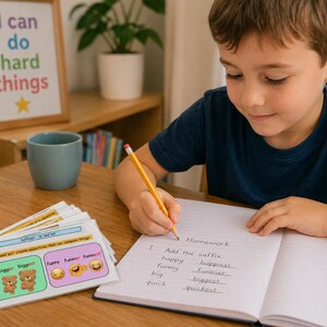 May include: A young person is writing in a notebook at a wooden desk. The notebook is open to a page with the word "Homework" at the top. Beside the notebook are flashcards with the words "big, bigger, biggest" and "funny, funnier, funniest". A sign says "I can do hard things".