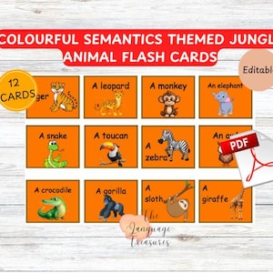 Cartões de memória de animais da selva para pré-escola para cartões de memória coloridos com tema de semântica para construção de vocabulário para comunicação