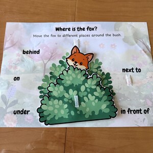 Könnte beinhalten: Ein Lernspielzeug für Kinder mit einem Cartoon-Fuchs, der aus einem grünen Busch hervorschaut. Der Text "Where is the fox?" und Anweisungen sind oben aufgedruckt. Die Wörter "behind", "on", "under", "next to" und "in front of" sind ebenfalls sichtbar.