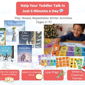 May include: Image features a child interacting with educational materials. The image includes children's books with winter themes, flashcards, and a game board. Text on the image reads: "Help Your Toddler Talk in Just 5 Minutes a Day" and "Play-Based, Repeatable Winter Activities (Ages 2-5)."