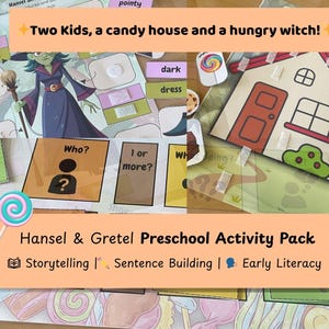 Pacchetto di storie di Hansel e Gretel per la costruzione di frasi per bambini, materiali per logopedia, attività prescolare Montessori per l'istruzione parentale, fiaba