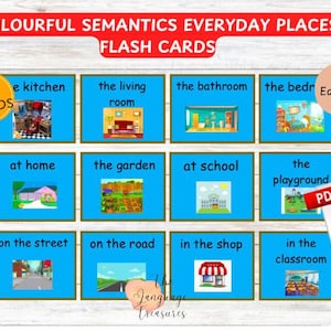 Cartões de memória flash de lugares cotidianos para construção de frases para pré-escola para cartões de memória flash temáticos de semântica colorida para impressão para vocabulário