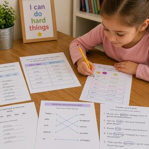 Peut inclure: Une jeune fille travaille sur des feuilles d'exercices éducatives sur un bureau en bois. Les feuilles de travail portent sur la grammaire et le vocabulaire, avec des exercices sur les préfixes et les racines de mots. Un cadre avec le texte "I can do hard things" est visible.