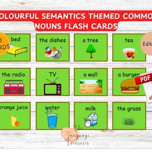 Cartões de memória flash de substantivos comuns para construção de frases para pré-escola para cartões de memória flash coloridos com tema de semântica para recursos educacionais
