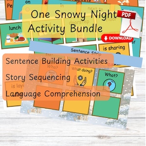 One Snowy Night Activity Bundle for EYFS Children Stories for Sentence Building for Story Sequencing for Language Comprehension for Autism