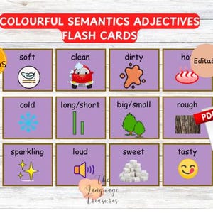 Adjetivos Flash Cards para descrever substantivos para Montessori para pré-escola para semântica colorida Flash Cards imprimíveis temáticos para linguagem