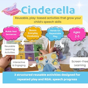 Könnte beinhalten: Ein Lernspielset mit dem Thema Cinderella. Das Bild zeigt das Wort "Cinderella" in Blau, einen Glasschuh und Text, der wiederverwendbare Lernaktivitäten für Kinder im Alter von 2-5 Jahren bewirbt, um Sätze und Vokabeln zu bilden.