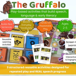 Puede incluir: Un conjunto de actividades educativas con el tema "The Gruffalo". La imagen muestra tarjetas e ilustraciones coloridas diseñadas para el aprendizaje basado en el juego. El texto incluye "Construye oraciones reales", "Edades 2-5" y "Aprendizaje sin pantalla".