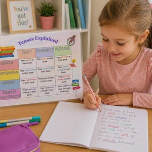 Peut inclure: Une jeune fille écrit dans un cahier sur un bureau. En arrière-plan, un tableau coloré intitulé "Tenses Explained" présente les temps passés, présents et futurs. On voit aussi un pot à crayons, des marqueurs et une trousse.
