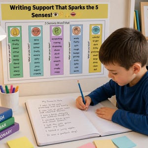 May include: A child in a blue top writes in a notebook at a desk, with a "5 Senses Word Mat" poster on the wall. Books labelled "English", "Grammar", and "Dictionary" are stacked on the desk. The poster reads "Writing Support That Sparks the 5 Senses!"