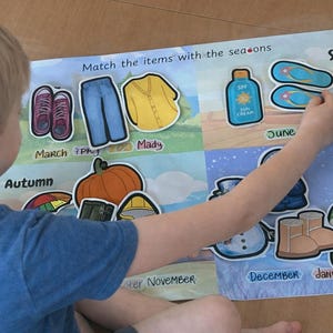 Peut inclure: Un enfant joue avec un jeu éducatif coloré. Le plateau de jeu présente des thèmes saisonniers avec des éléments correspondants tels que des chaussures, un jean, une citrouille et de la crème solaire. Le texte comprend "Associez les éléments aux saisons" et les noms des mois.