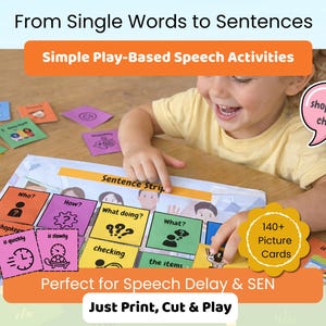 May include: A speech therapy resource featuring picture cards and the text "From Single Words to Sentences". The game includes 140+ picture cards for play-based speech activities. Ideal for speech delay and SEN.