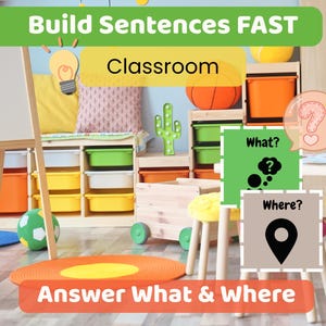 Könnte beinhalten: Eine Klassenzene mit Lehrmaterialien. Der Text lautet "Build Sentences FAST" und "Answer What & Where". Enthält eine Tafel, Aufbewahrungsboxen, einen Basketball und Frageaufforderungen. Eine farbenfrohe und ansprechende Lernumgebung.