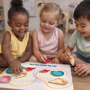 Pode incluir: Três crianças estão sentadas no chão de madeira, classificando conchas coloridas por tamanho. O tapete impresso tem o texto "Sort the shells by size". As crianças sorriem e parecem gostar da atividade.