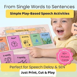 May include: A child smiles while holding a learning activity with colorful cards. The cards feature images and words for sentence building, including "Who?" with an elephant, "drinking," and "water." Text on the image says "From Single Words to Sentences."
