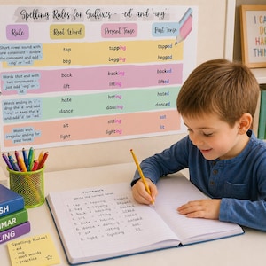 Könnte beinhalten: Ein Kind sitzt an einem Schreibtisch und schreibt in ein Notizbuch. An der Wand hängt eine farbenfrohe Rechtschreibregel-Tafel. Bücher mit den Titeln "Englisch", "Grammatik" und "Rechtschreibung" sind auf dem Schreibtisch gestapelt.