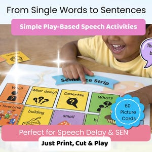 Könnte beinhalten: Lehrmittel zur Sprachförderung mit bunten Karten und dem Text "From Single Words to Sentences". Enthält Bildkarten und einen Satzstreifen. Das Bild zeigt ein Kind, das mit den Lernmaterialien interagiert.