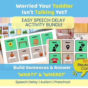 May include: An educational activity bundle for speech delay, featuring cards with images and words like "sunflowers," "table," and "drawers." The cards are designed to help children build sentences and answer "what?" and "where?" questions. Includes 50+ reusable cards.