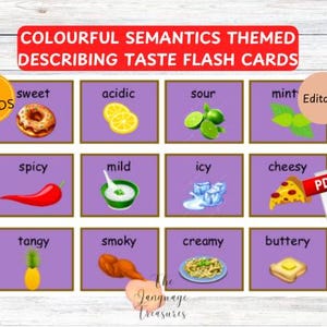 Adjetivos Flash Cards para descrever o gosto para Montessori para pré-escola para semântica colorida Flash Cards imprimíveis temáticos para linguagem