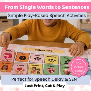 Op de afbeelding: Educatieve spraakactiviteitenset met plaatjeskaarten en zinnenstrips. De set bevat meer dan 50 plaatjeskaarten en is ontworpen voor spelenderwijs leren. De tekst op de afbeelding luidt "From Single Words to Sentences" en "Just Print, Cut & Play."