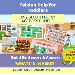 Pode incluir: Um pacote educativo para crianças com atraso na fala, com cartões de atividades coloridos. A imagem inclui ilustrações de quartos, vegetais e tiras de frases. O texto diz "Easy Speech Delay Activity Bundle" e "Build Sentences & Answer 'WHAT?' & 'WHERE?'".