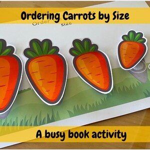 May include: A busy book activity for children to learn about ordering carrots by size. The image shows five carrots of different sizes, with the text "Ordering Carrots by Size" at the top.