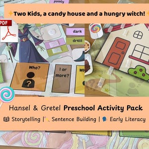 Histoire de Hansel et Gretel, jeux de rôle à imprimer pour les enfants d'âge préscolaire, activité d'alphabétisation Montessori pour les tâches d'orthophonie