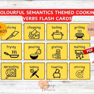 Cartões de vocabulário de verbos culinários para construção de frases para pré-escola para cartões imprimíveis temáticos de semântica colorida para construção de vocabulário