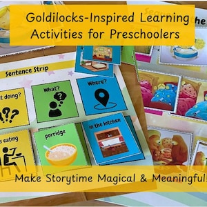 Pacchetto di attività "Riccioli d'oro e i tre orsi" per la costruzione di frasi per bambini, materiali per la logopedia, ispirato al metodo Montessori per l'istruzione parentale