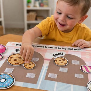 May include: A child sorts sweet treat cutouts by size on a learning activity mat. The mat features illustrations of cookies, cupcakes, donuts, and other treats. Text on the mat reads "Organize the sweet treats in to big and small."