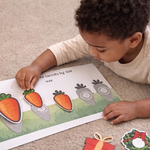 May include: A child is playing with a learning activity. The activity features a white card with orange carrot cutouts and matching shadows. The text on the card reads "the carrots by size". Additional holiday-themed cutouts are also present.