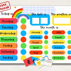 Gepersonaliseerde interactieve kalender voor kinderen, leerdatum, week, maand, digitale download kinderen, weerkaart, educatief cadeau voor kinderen