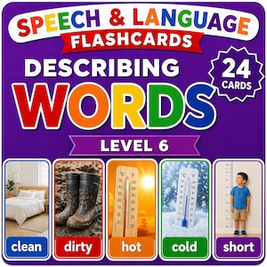 May include: A purple flashcard set titled "SPEECH & LANGUAGE FLASHCARDS DESCRIBING WORDS LEVEL 6" with 24 cards. The cards show images with the words "clean", "dirty", "hot", "cold", and "short".