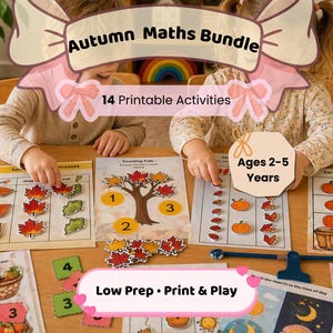 May include: An autumn-themed educational bundle for ages 2-5, featuring 14 printable activities. The image shows children interacting with colorful leaf and pumpkin-themed counting and sorting games. The text includes "Autumn Maths Bundle" and "Low Prep • Print & Play".