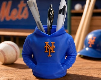 New York Baseball Fan Inspiried Sweatshirt Pen Holder, Mets-Inspired Desk Organizer, Fan Gift, Desktop Pen Cup, Sports Office Decor