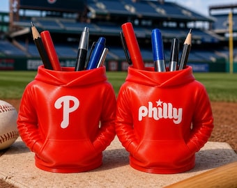 Philadelphia Baseball Fan Inspiried Sweatshirt Pen Holder, Phillies-Inspired Desk Organizer, Fan Gift, Desktop Pen Cup, Sports Office Decor