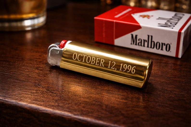 K&ouml;nnte beinhalten: Ein goldfarbenes Feuerzeug mit der Gravur "OCTOBER 12, 1996" liegt auf einer Holzoberfl&auml;che. Eine Packung Marlboro-Zigaretten befindet sich im Hintergrund. Das Feuerzeug hat einen roten Akzent in der N&auml;he der Z&uuml;ndung.