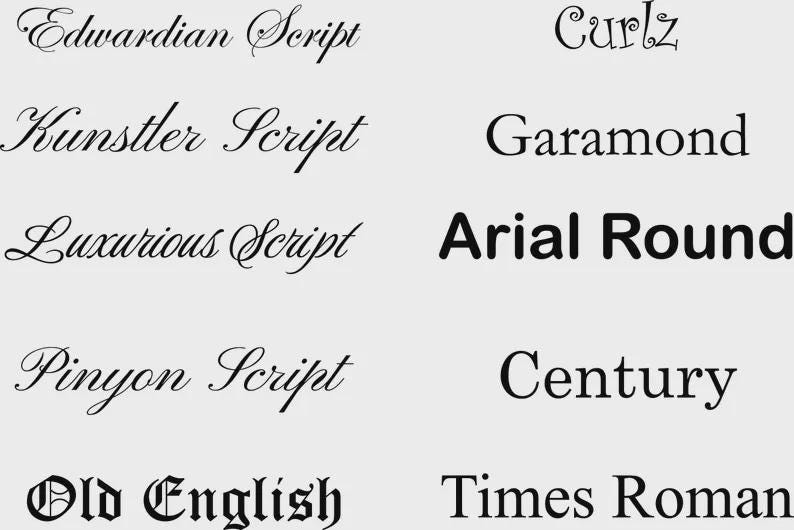 K&ouml;nnte beinhalten: Eine Auswahl verschiedener Schriftarten auf hellgrauem Hintergrund. Die Schriftarten umfassen Edwardian Script, Kunstler Script, Luxurious Script, Pinyon Script, Old English, Curlz, Garamond, Arial Round, Century und Times Roman.