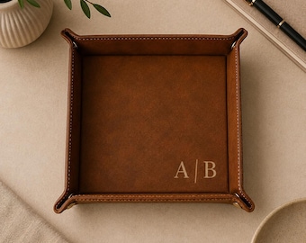 Personalized Leather Valet Tray for Men | Custom EDC Catch All Tray | Nightstand Organizer | Groomsmen Gift | Engraved Leather Anniversary