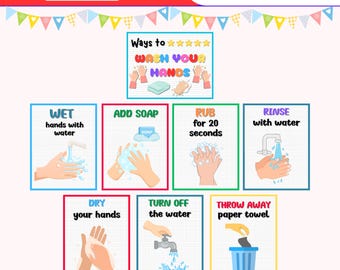 Posters des étapes du lavage des mains pour les enfants, règles visuelles de la salle de bain (téléchargement numérique)