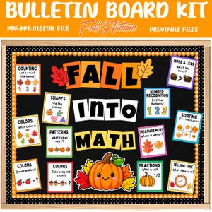 May include: A digital bulletin board kit featuring the text FALL INTO MATH with autumn-themed educational cards. The display includes sections for counting, shapes, colors, patterns, measurement, sorting, fractions, and telling time with pumpkins.
