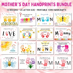 Könnte beinhalten: Ein Set mit 14 druckbaren Handabdruck-Bastelvorlagen zum Muttertag. Die Designs zeigen eine Vielzahl von Themen, darunter Schmetterlinge, Blumen, Regenbögen und Herzen. Die Designs sind perfekt für Kinder, um einzigartige Geschenke für ihre Mütter zu gestalten.