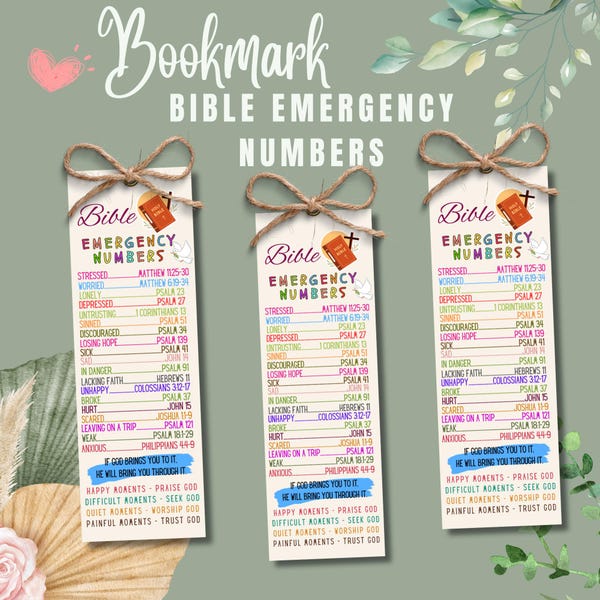 Bible Emergency Numbers Bookmark Printable, Emergency Bible Verse Bookmark, Scripture Emergency Numbers, Bible Verse Phone Numbers Bookmark