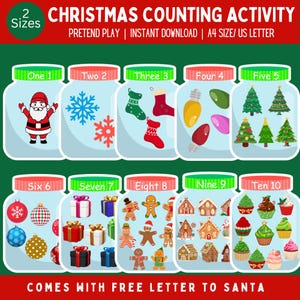 Christmas Counting Activity for kids, Winter Activity Number Sorting Jars for Toddlers, Printable Christmas Activity, Pretend Play Activity
