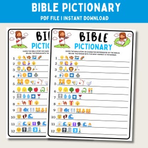 Può includere: Un gioco di Pictionary biblico stampabile in 12 round. Ogni round presenta un set di emoji che rappresentano una storia o un personaggio biblico. La persona che indovina il maggior numero di storie correttamente vince.