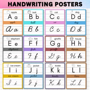 Puede incluir: Un conjunto de coloridos carteles de escritura a mano que presentan las letras de la A a la L. Cada cartel muestra una letra mayúscula y minúscula, junto con una imagen y una palabra correspondiente, como "manzana" para A y "pelota" para B. Diseñado para educación.