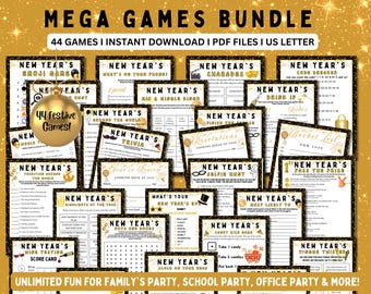 May include: A collection of 44 printable New Year's Eve party games. The games are designed for kids, teens, and adults. The games are instant download PDF files in US letter size. The games are decorated with gold glitter and black text.