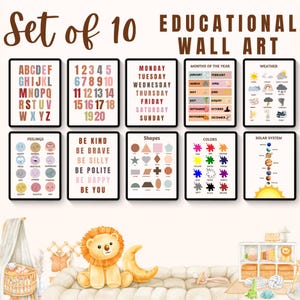 Set of 10 Educational Wall Art Classroom Posters Homeschool Printable Educational Poster Alphabet Poster Kids Wall Art Playroom Poster